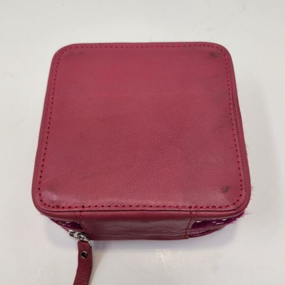 Western Linens Cowhide Leather Square Jewelry Case Box Pink Metallic Silver - Picture 4 of 7